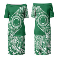 Cook Islands Gospel Day Couples Matching Puletasi and Long Sleeve Button Shirt Green Tribal Curves LT05 - Polynesian Pride