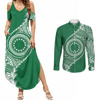 Cook Islands Gospel Day Couples Matching Summer Maxi Dress and Long Sleeve Button Shirt Green Tribal Curves LT05 Green - Polynesian Pride