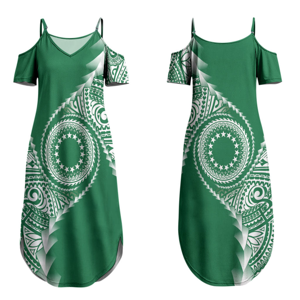 Cook Islands Gospel Day Couples Matching Summer Maxi Dress and Long Sleeve Button Shirt Green Tribal Curves LT05 - Polynesian Pride