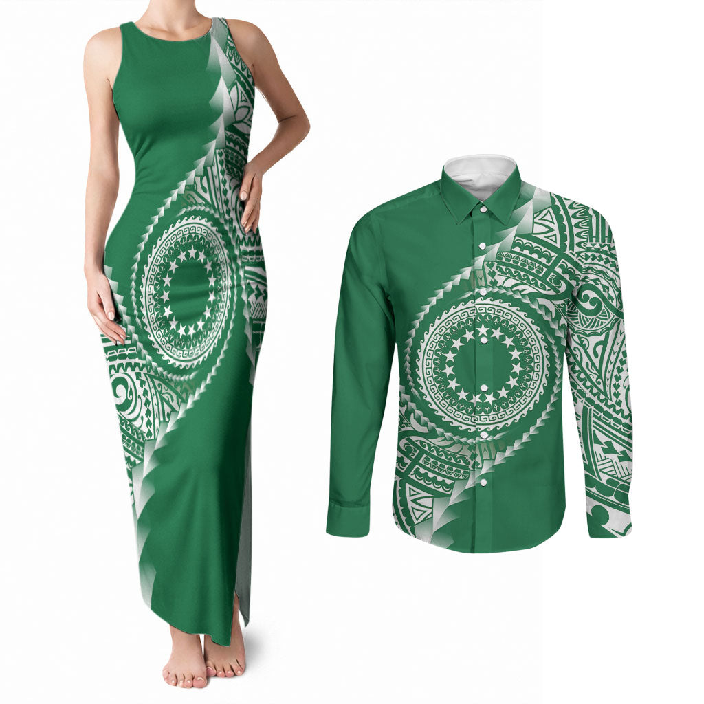 Cook Islands Gospel Day Couples Matching Tank Maxi Dress and Long Sleeve Button Shirt Green Tribal Curves LT05 Green - Polynesian Pride