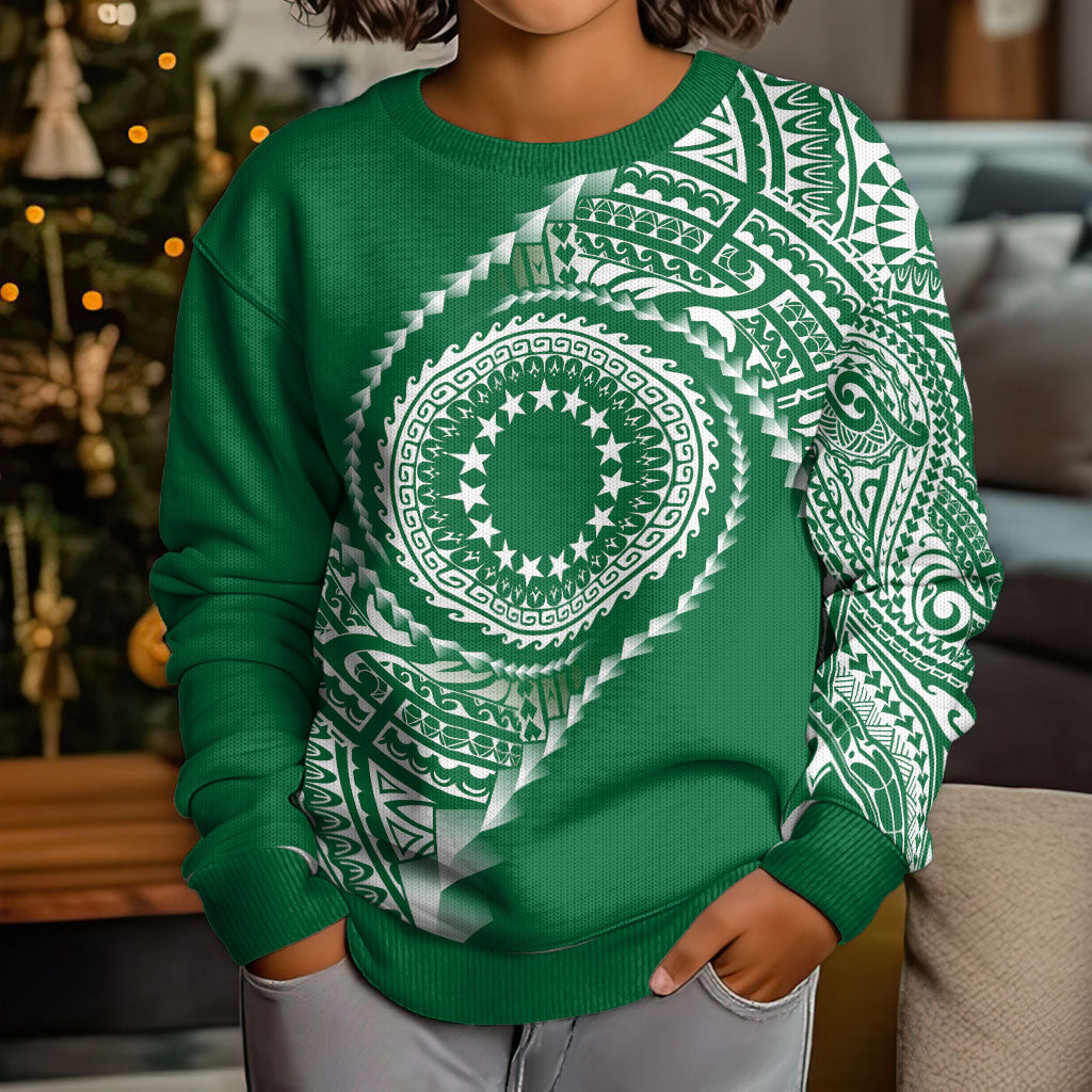 Cook Islands Gospel Day Kid Ugly Christmas Sweater Green Tribal Curves LT05 - Polynesian Pride