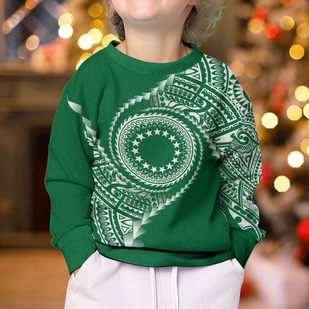 Cook Islands Gospel Day Kid Ugly Christmas Sweater Green Tribal Curves LT05 - Polynesian Pride