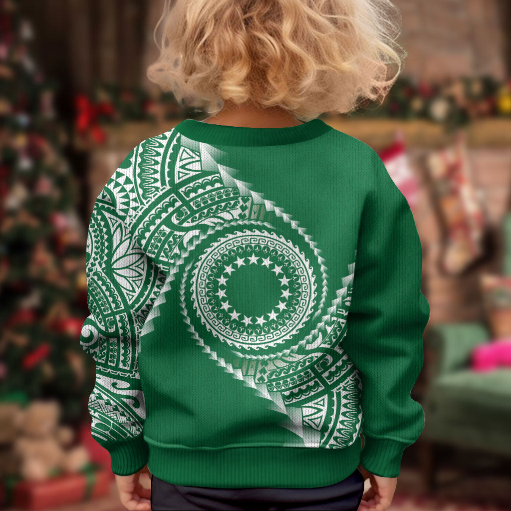 Cook Islands Gospel Day Kid Ugly Christmas Sweater Green Tribal Curves LT05 - Polynesian Pride