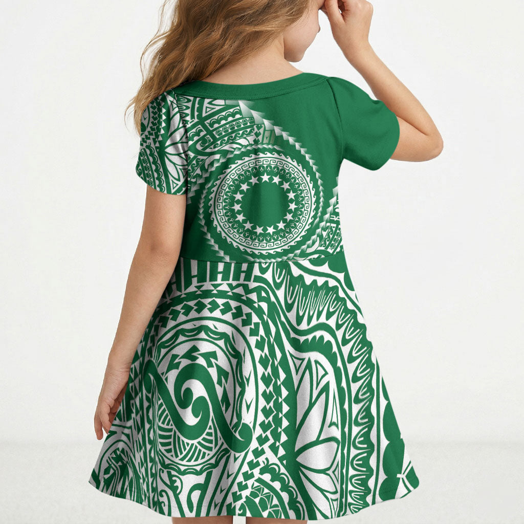 Cook Islands Gospel Day Kid Short Sleeve Dress Green Tribal Curves LT05 - Polynesian Pride