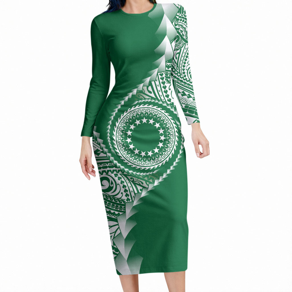 Cook Islands Gospel Day Long Sleeve Bodycon Dress Green Tribal Curves LT05 Long Dress Green - Polynesian Pride