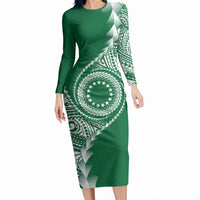 Cook Islands Gospel Day Long Sleeve Bodycon Dress Green Tribal Curves LT05 Long Dress Green - Polynesian Pride
