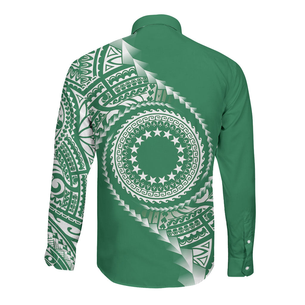 Cook Islands Gospel Day Long Sleeve Button Shirt Green Tribal Curves LT05 - Polynesian Pride