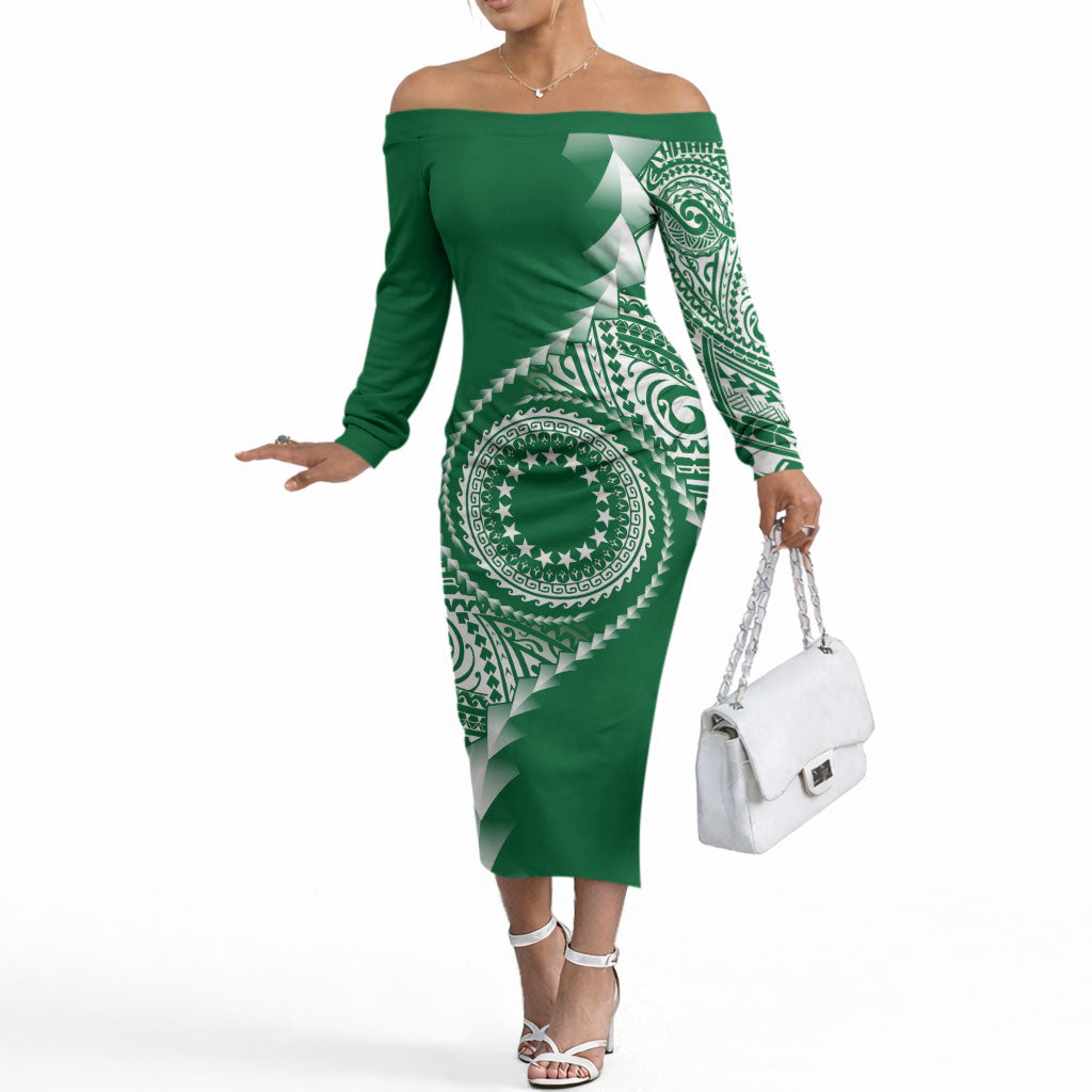 Cook Islands Gospel Day Off The Shoulder Long Sleeve Dress Green Tribal Curves LT05 Women Green - Polynesian Pride