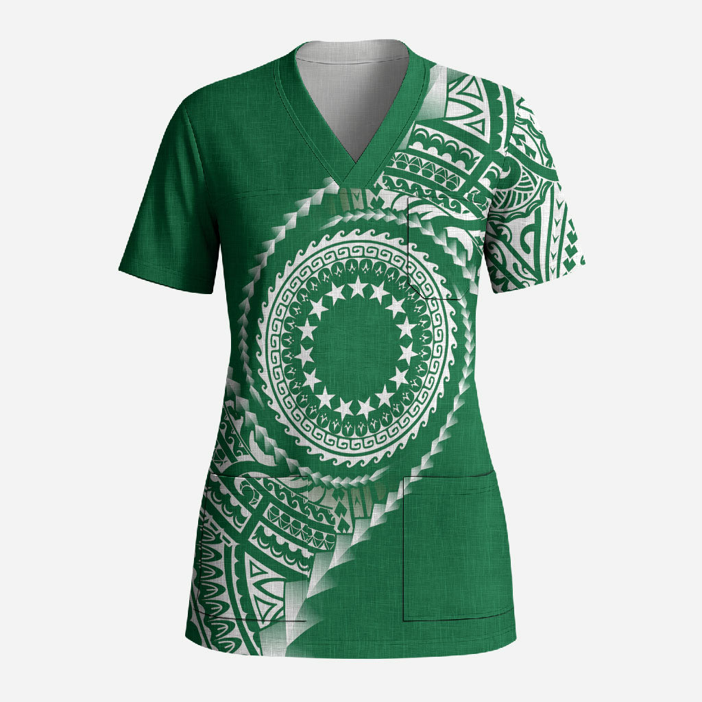 Cook Islands Gospel Day Scrub Top Green Tribal Curves LT05 Adult Green - Polynesian Pride