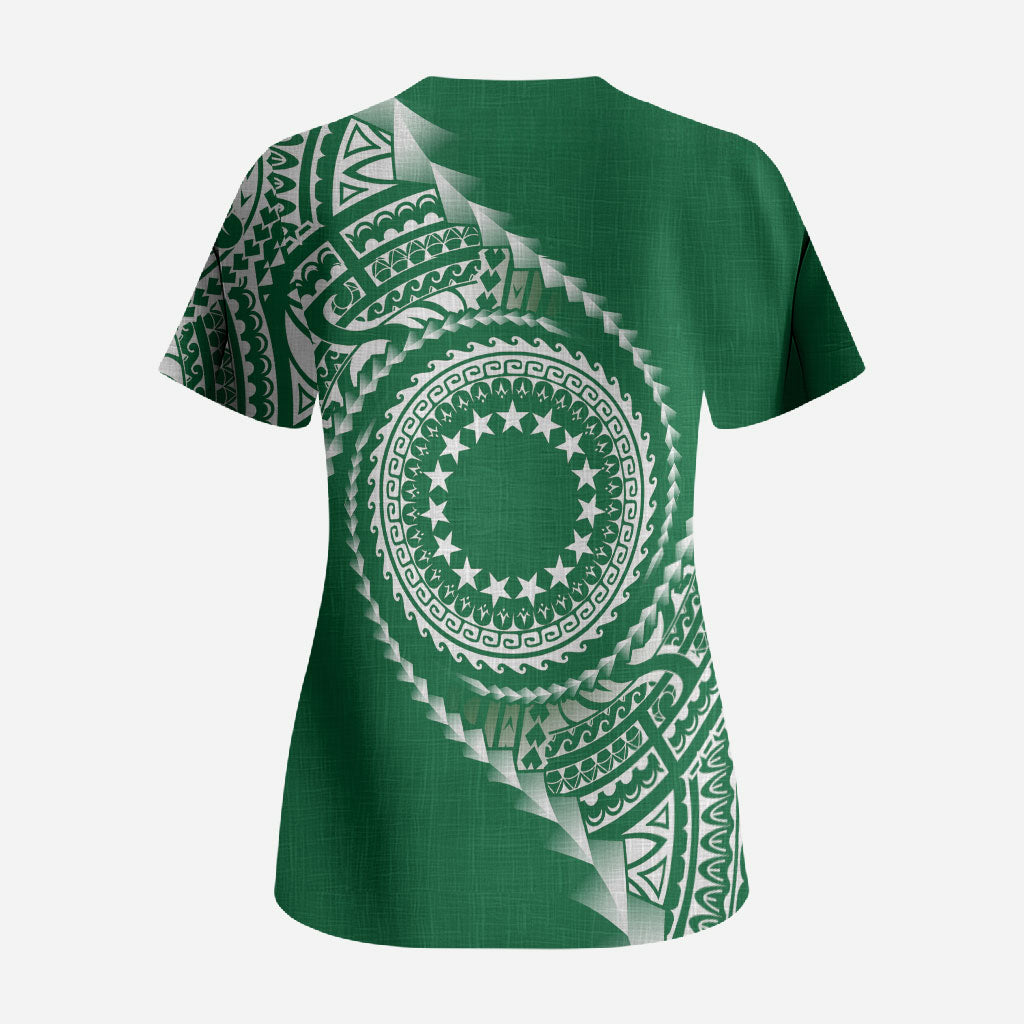 Cook Islands Gospel Day Scrub Top Green Tribal Curves LT05 - Polynesian Pride