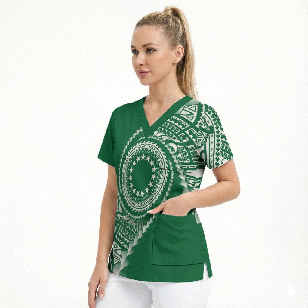 Cook Islands Gospel Day Scrub Top Green Tribal Curves LT05 - Polynesian Pride