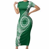 Cook Islands Gospel Day Short Sleeve Bodycon Dress Green Tribal Curves LT05 Long Dress Green - Polynesian Pride