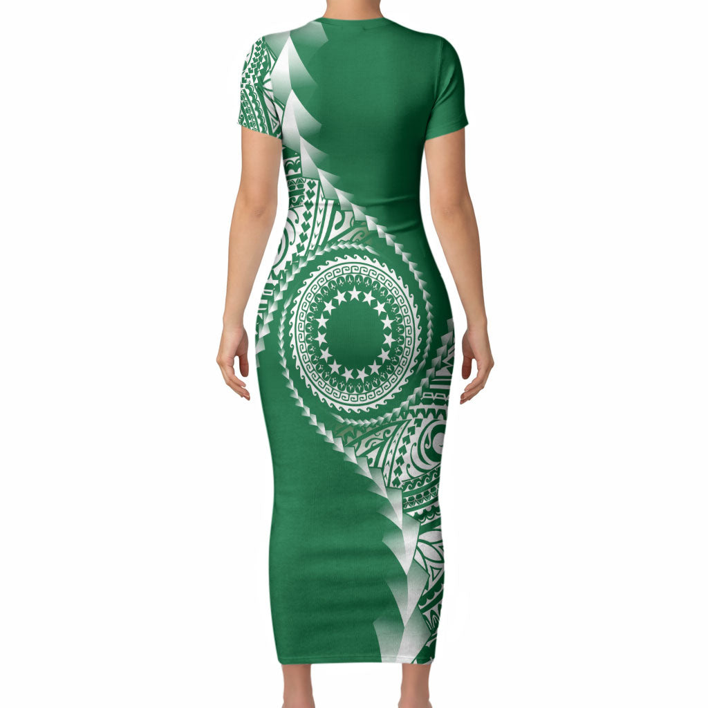 Cook Islands Gospel Day Short Sleeve Bodycon Dress Green Tribal Curves LT05 - Polynesian Pride