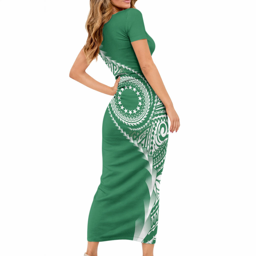 Cook Islands Gospel Day Short Sleeve Bodycon Dress Green Tribal Curves LT05 - Polynesian Pride
