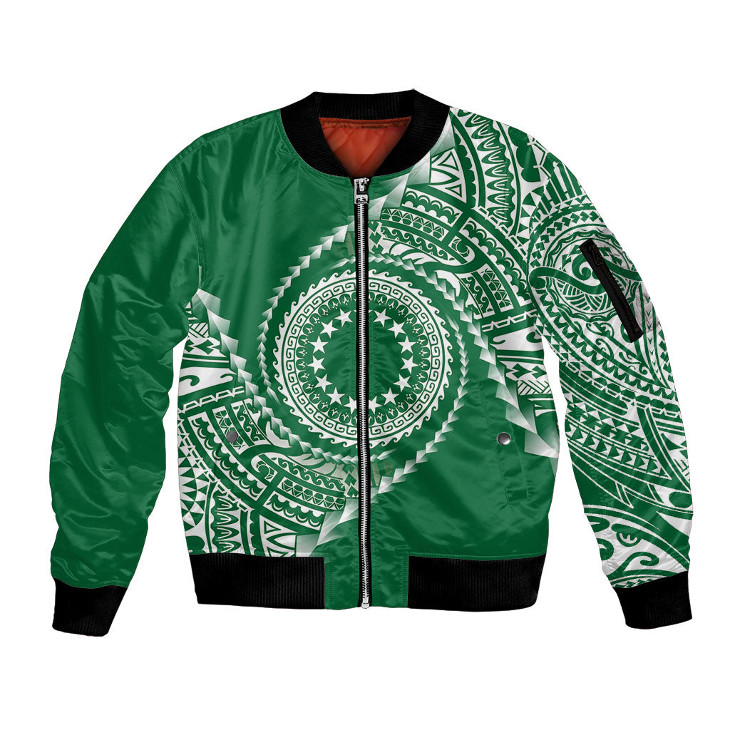 Cook Islands Gospel Day Sleeve Zip Bomber Jacket Green Tribal Curves LT05 Unisex Green - Polynesian Pride