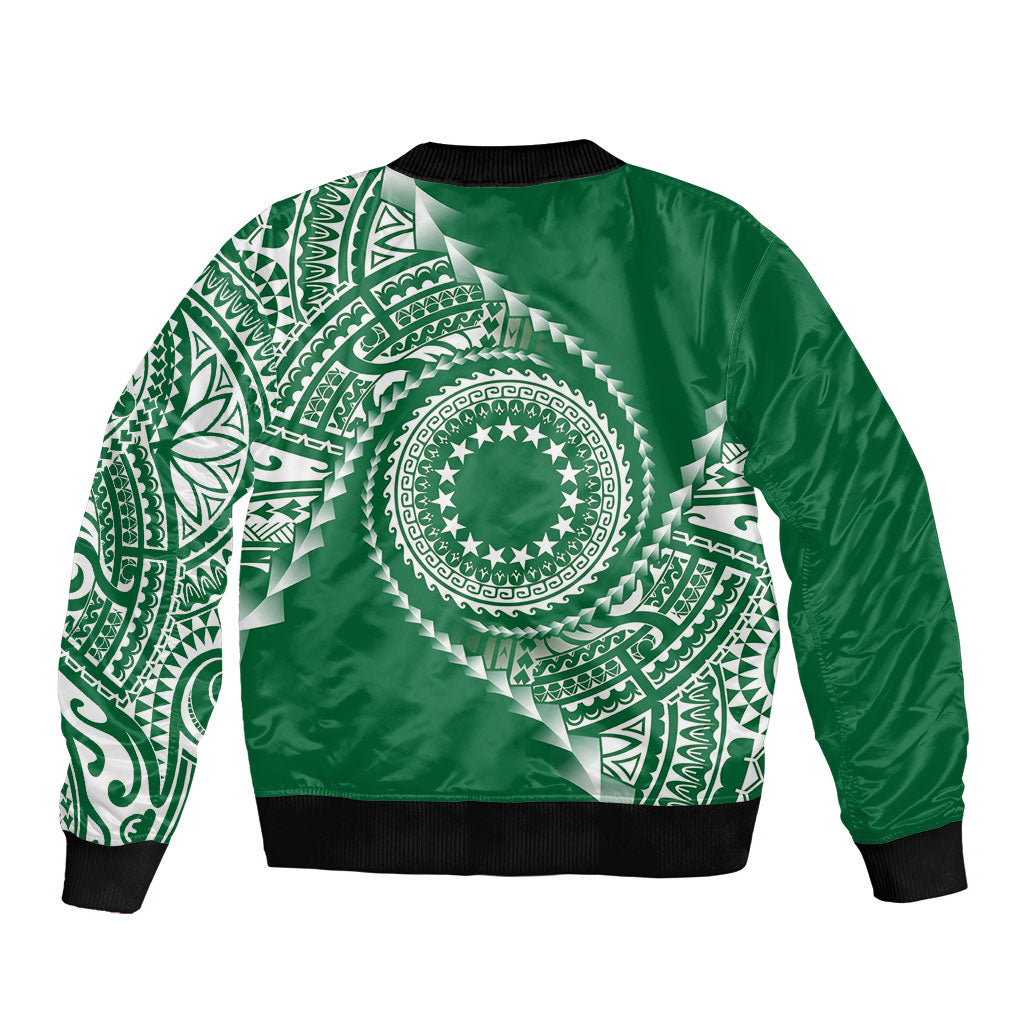 Cook Islands Gospel Day Sleeve Zip Bomber Jacket Green Tribal Curves LT05 - Polynesian Pride