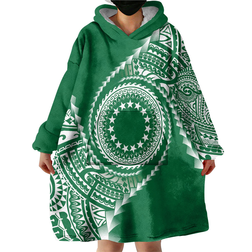 Cook Islands Gospel Day Wearable Blanket Hoodie Green Tribal Curves LT05 - Polynesian Pride