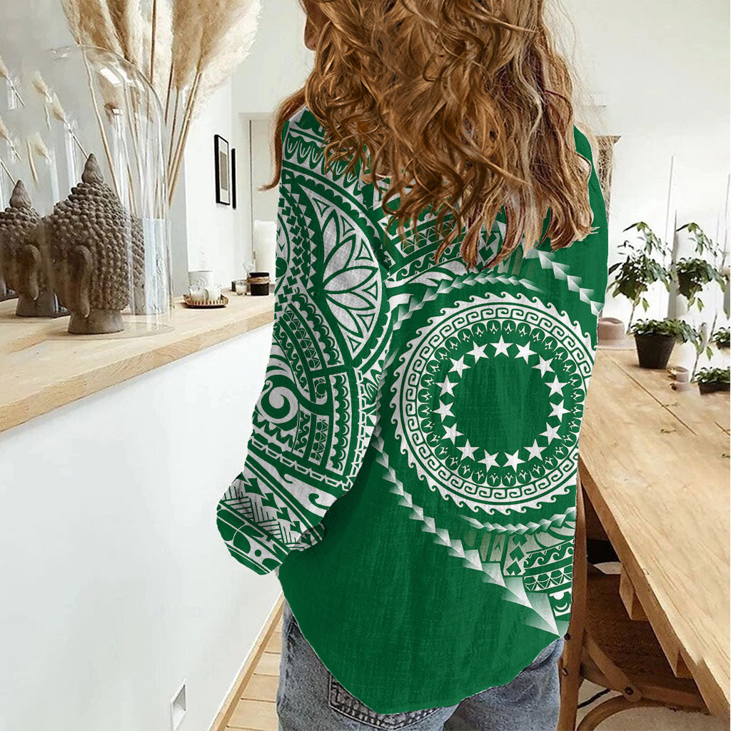 Cook Islands Gospel Day Women Casual Shirt Green Tribal Curves LT05 - Polynesian Pride