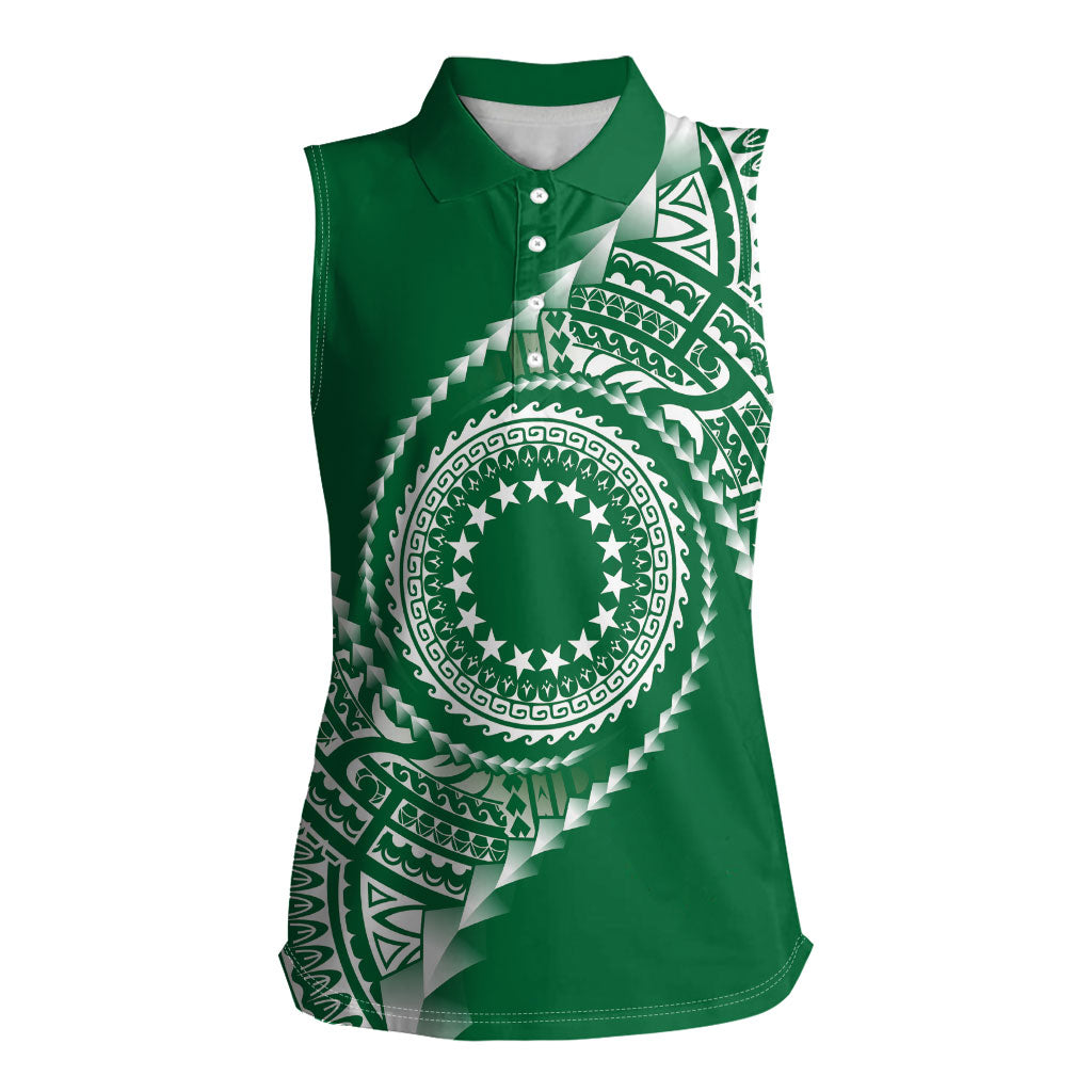 Cook Islands Gospel Day Women Sleeveless Polo Shirt Green Tribal Curves LT05 Female Green - Polynesian Pride