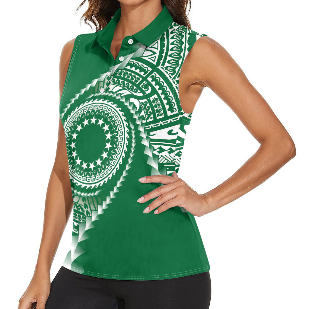 Cook Islands Gospel Day Women Sleeveless Polo Shirt Green Tribal Curves LT05 - Polynesian Pride