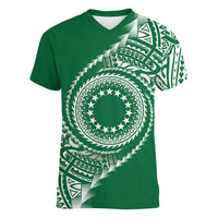 Cook Islands Gospel Day Women V-Neck T-Shirt Green Tribal Curves LT05 Female Green - Polynesian Pride