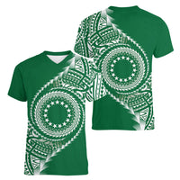 Cook Islands Gospel Day Women V-Neck T-Shirt Green Tribal Curves LT05 - Polynesian Pride