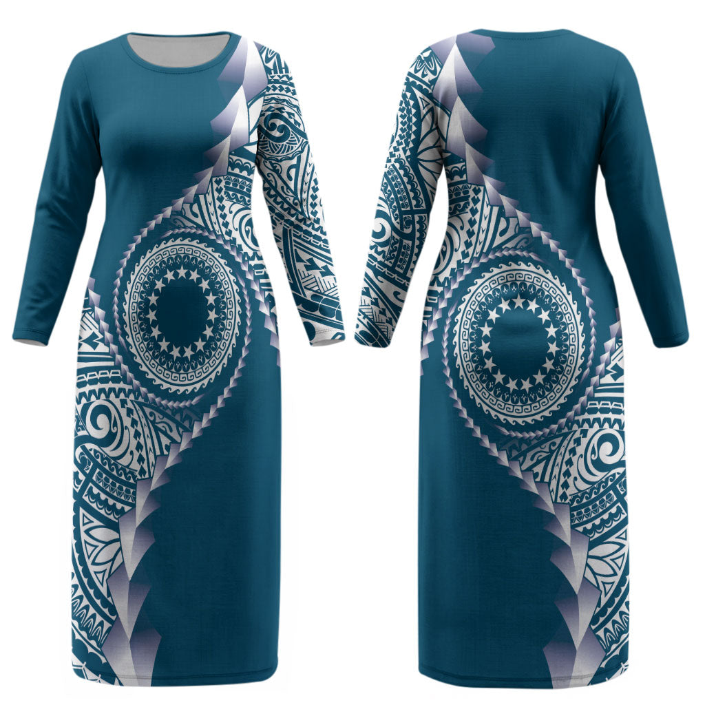 Cook Islands Gospel Day Couples Matching Long Sleeve Bodycon Dress and Long Sleeve Button Shirt Blue Tribal Curves LT05 - Polynesian Pride