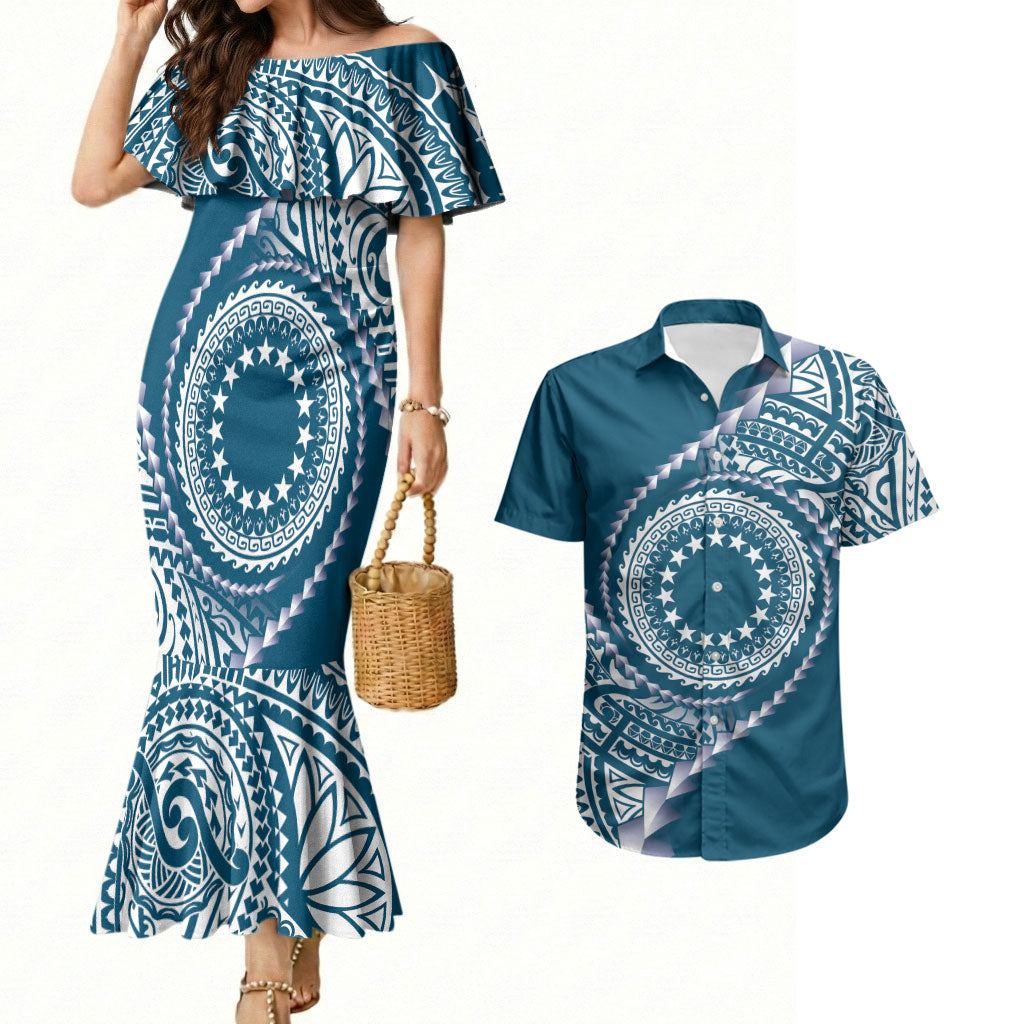 Cook Islands Gospel Day Couples Matching Mermaid Dress and Hawaiian Shirt Blue Tribal Curves LT05 Blue - Polynesian Pride