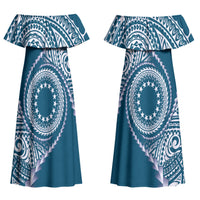 Cook Islands Gospel Day Couples Matching Off Shoulder Maxi Dress and Hawaiian Shirt Blue Tribal Curves LT05 - Polynesian Pride