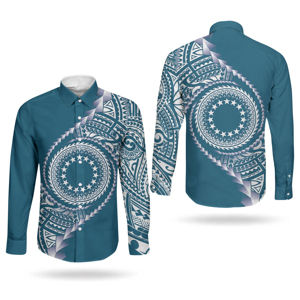 Cook Islands Gospel Day Couples Matching Off Shoulder Maxi Dress and Long Sleeve Button Shirt Blue Tribal Curves