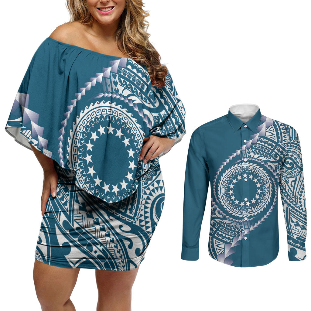 Cook Islands Gospel Day Couples Matching Off Shoulder Short Dress and Long Sleeve Button Shirt Blue Tribal Curves LT05 Blue - Polynesian Pride