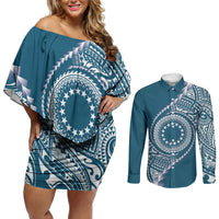 Cook Islands Gospel Day Couples Matching Off Shoulder Short Dress and Long Sleeve Button Shirt Blue Tribal Curves LT05 Blue - Polynesian Pride