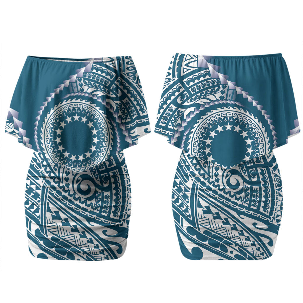 Cook Islands Gospel Day Couples Matching Off Shoulder Short Dress and Long Sleeve Button Shirt Blue Tribal Curves LT05 - Polynesian Pride