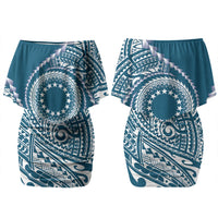 Cook Islands Gospel Day Couples Matching Off Shoulder Short Dress and Long Sleeve Button Shirt Blue Tribal Curves LT05 - Polynesian Pride