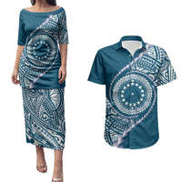 Cook Islands Gospel Day Couples Matching Puletasi and Hawaiian Shirt Blue Tribal Curves LT05 Blue - Polynesian Pride