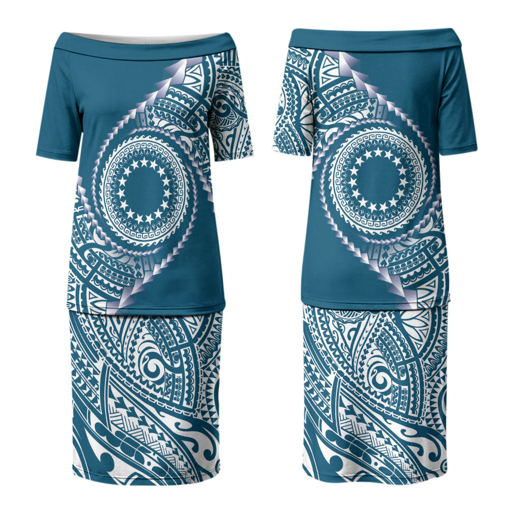 Cook Islands Gospel Day Couples Matching Puletasi and Hawaiian Shirt Blue Tribal Curves LT05 - Polynesian Pride