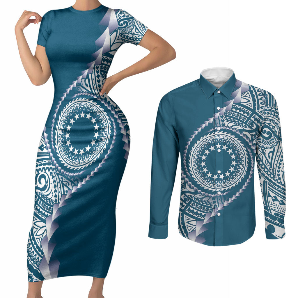 Cook Islands Gospel Day Couples Matching Short Sleeve Bodycon Dress and Long Sleeve Button Shirt Blue Tribal Curves LT05 Blue - Polynesian Pride