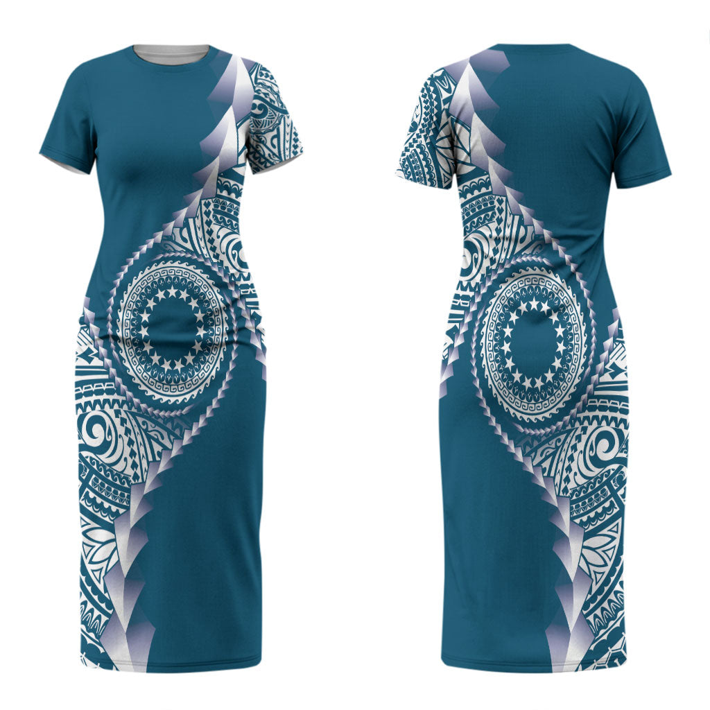 Cook Islands Gospel Day Couples Matching Short Sleeve Bodycon Dress and Long Sleeve Button Shirt Blue Tribal Curves LT05 - Polynesian Pride