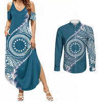 Cook Islands Gospel Day Couples Matching Summer Maxi Dress and Long Sleeve Button Shirt Blue Tribal Curves LT05 Blue - Polynesian Pride