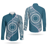 Cook Islands Gospel Day Couples Matching Summer Maxi Dress and Long Sleeve Button Shirt Blue Tribal Curves LT05 - Polynesian Pride