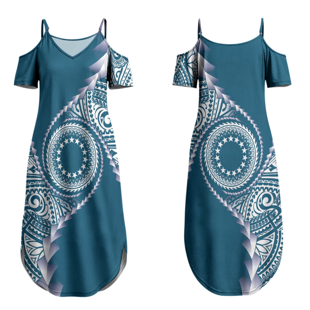 Cook Islands Gospel Day Couples Matching Summer Maxi Dress and Long Sleeve Button Shirt Blue Tribal Curves LT05 - Polynesian Pride