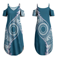 Cook Islands Gospel Day Couples Matching Summer Maxi Dress and Long Sleeve Button Shirt Blue Tribal Curves LT05 - Polynesian Pride