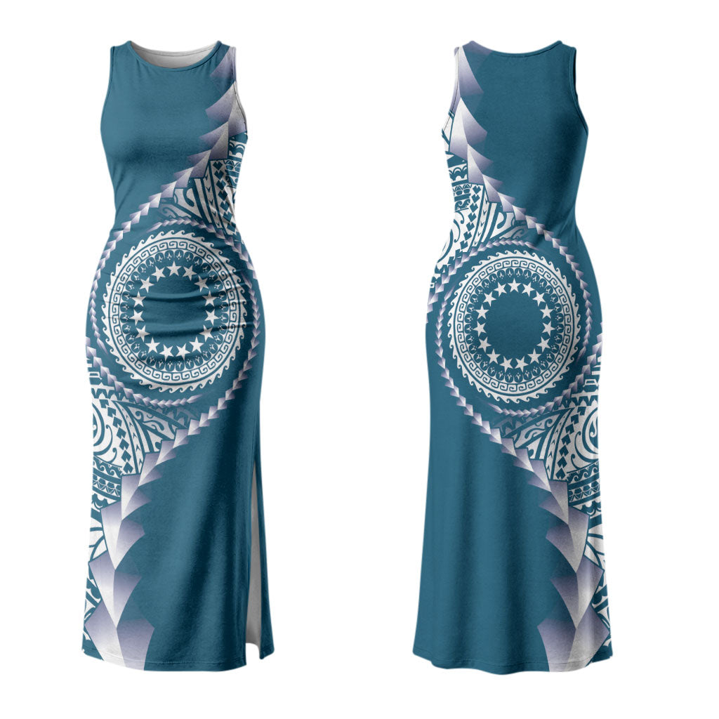 Cook Islands Gospel Day Couples Matching Tank Maxi Dress and Hawaiian Shirt Blue Tribal Curves LT05 - Polynesian Pride