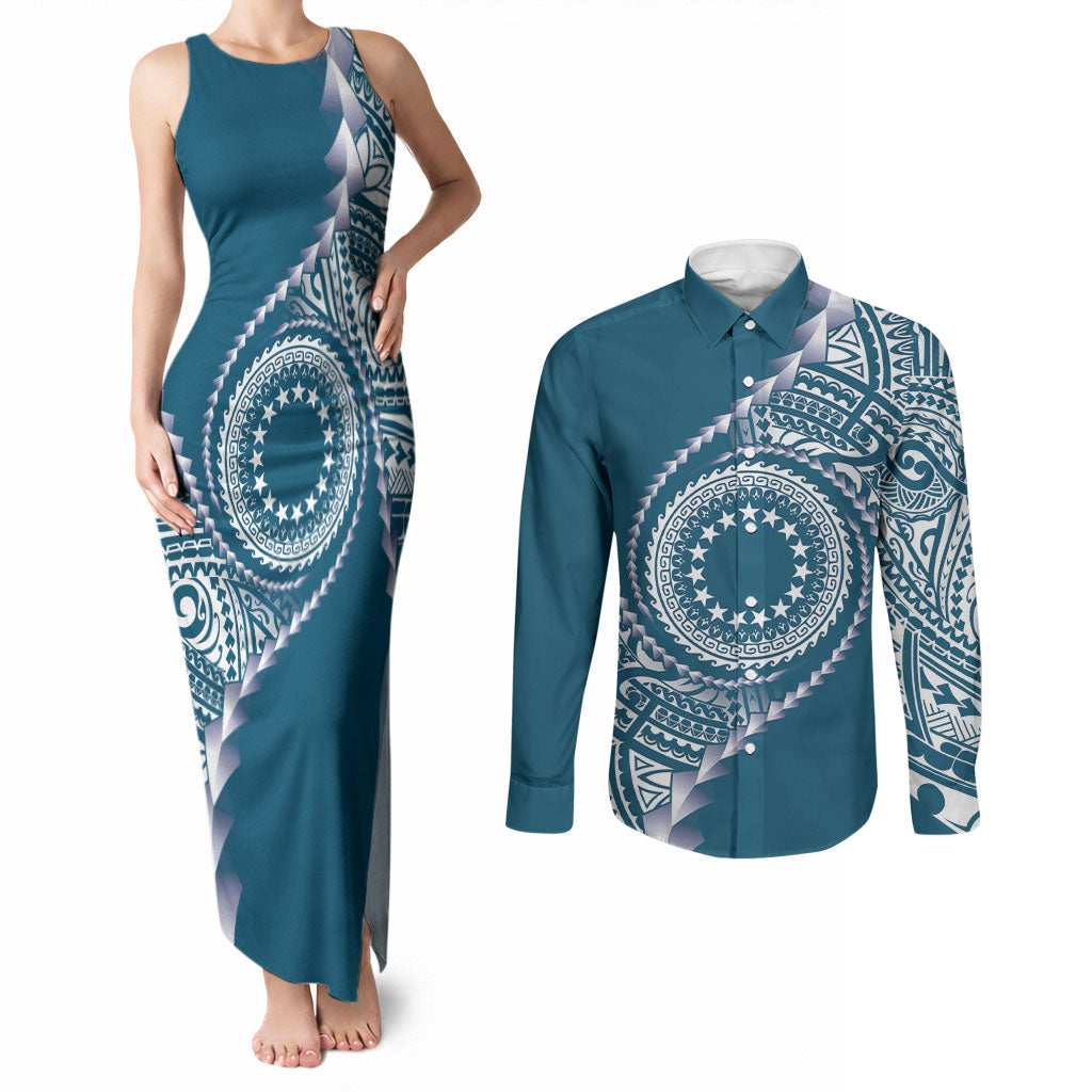 Cook Islands Gospel Day Couples Matching Tank Maxi Dress and Long Sleeve Button Shirt Blue Tribal Curves LT05 Blue - Polynesian Pride