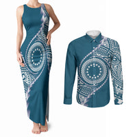 Cook Islands Gospel Day Couples Matching Tank Maxi Dress and Long Sleeve Button Shirt Blue Tribal Curves LT05 Blue - Polynesian Pride