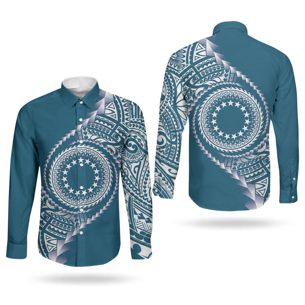 Cook Islands Gospel Day Couples Matching Tank Maxi Dress and Long Sleeve Button Shirt Blue Tribal Curves LT05 - Polynesian Pride