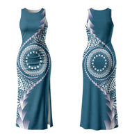 Cook Islands Gospel Day Couples Matching Tank Maxi Dress and Long Sleeve Button Shirt Blue Tribal Curves LT05 - Polynesian Pride
