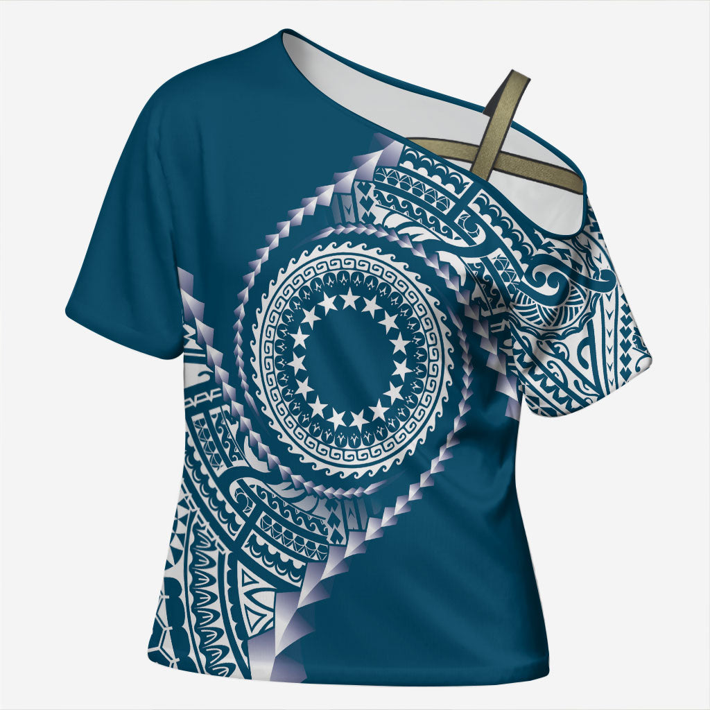 Cook Islands Gospel Day Cross Shoulder Shirt Blue Tribal Curves LT05 Female Blue - Polynesian Pride
