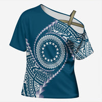 Cook Islands Gospel Day Cross Shoulder Shirt Blue Tribal Curves LT05 Female Blue - Polynesian Pride