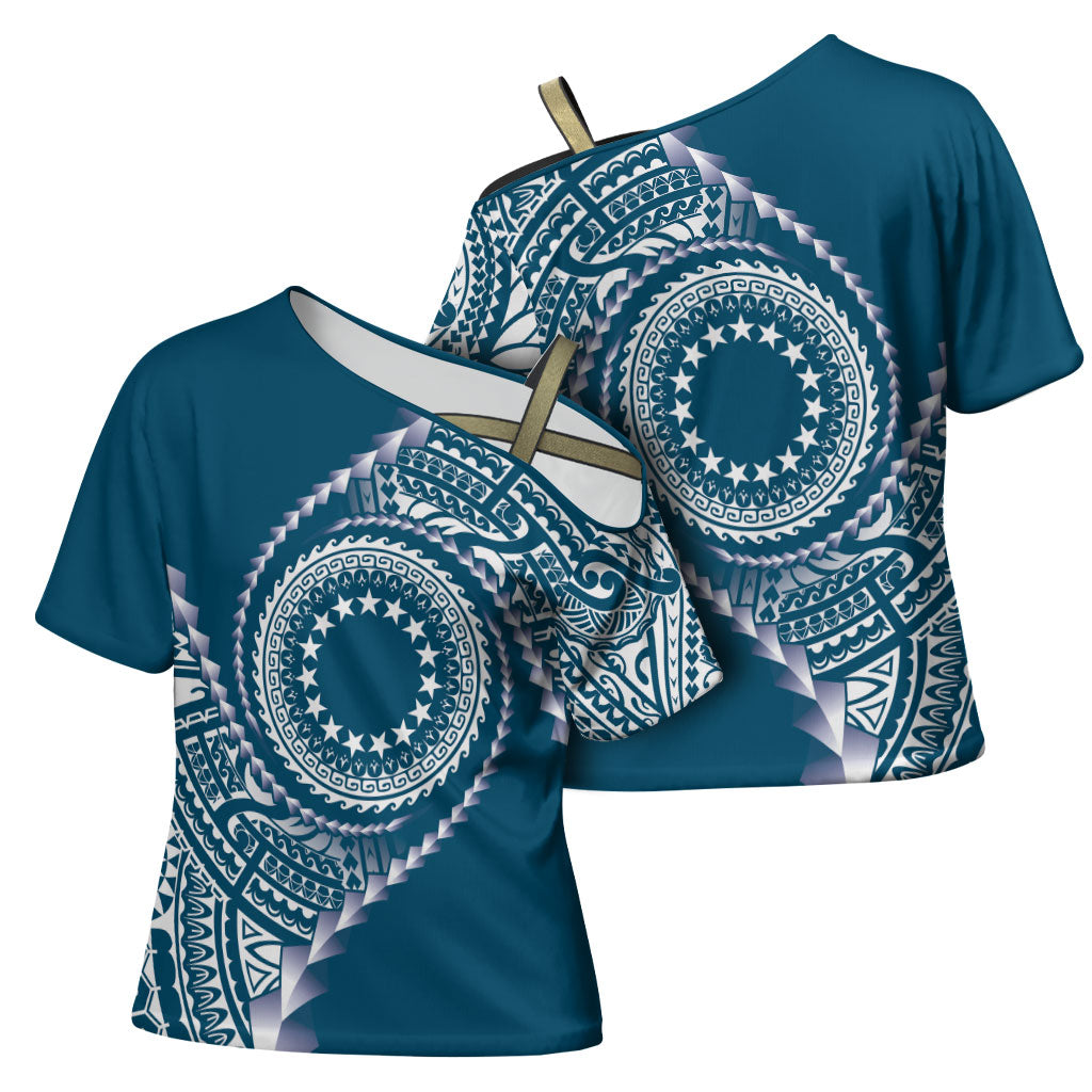 Cook Islands Gospel Day Cross Shoulder Shirt Blue Tribal Curves LT05 - Polynesian Pride